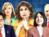 El ministro y líder del PSOE-M, Óscar López, la portavoz y candidata al PSOE de Aragón, Pilar Alegría, la vicepresidenta y candidata al PSOE-A, María Jesús Montero, la ministra y líder del PSPV, Diana Morant, y el ministro y secretario del PSOE de Canarias, Ángel Víctor Torres.