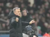 PSG's head coach Luis Enrique gestures during the French League One soccer match between Paris Saint-Germain and Saint-Etienne at the Parc des Princes stadium in Paris, France, Sunday, Jan. 12, 2025. (AP Photo/Michel Euler)